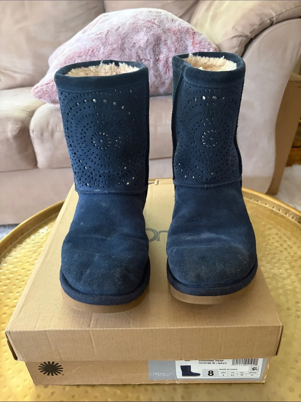 UGG Navy Perforated Suede Short Boot with Shearling